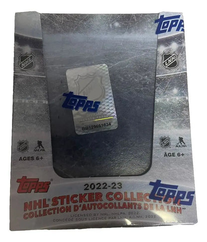 Box of 2022-23 Topps NHL Hockey stickers in a refill pack of trading cards