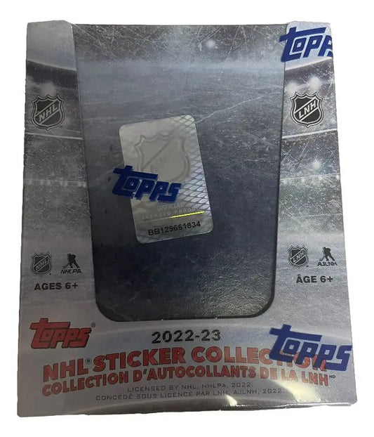 Box of 2022-23 Topps NHL Hockey stickers in a refill pack of trading cards