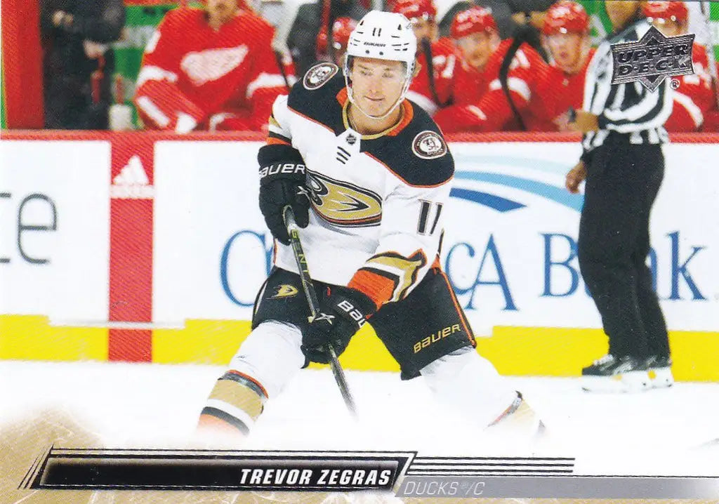 Trevor Zegras skating on ice in Anaheim Ducks jersey for Upper Deck card series