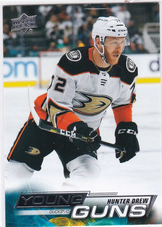 Hockey player in Anaheim Ducks jersey number 72 illustrating Hunter Drew Young Guns card