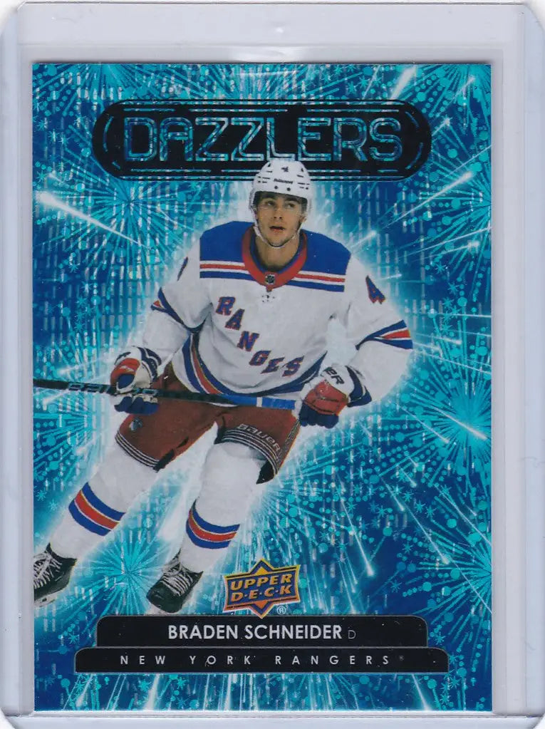 Hockey trading card of Braden Schneider in a New York Rangers white jersey, Upper Deck Blue Dazzler