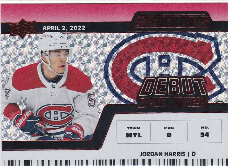 Hockey trading card of Jordan Harris debut from Upper Deck Credentials 23/299 Canadiens