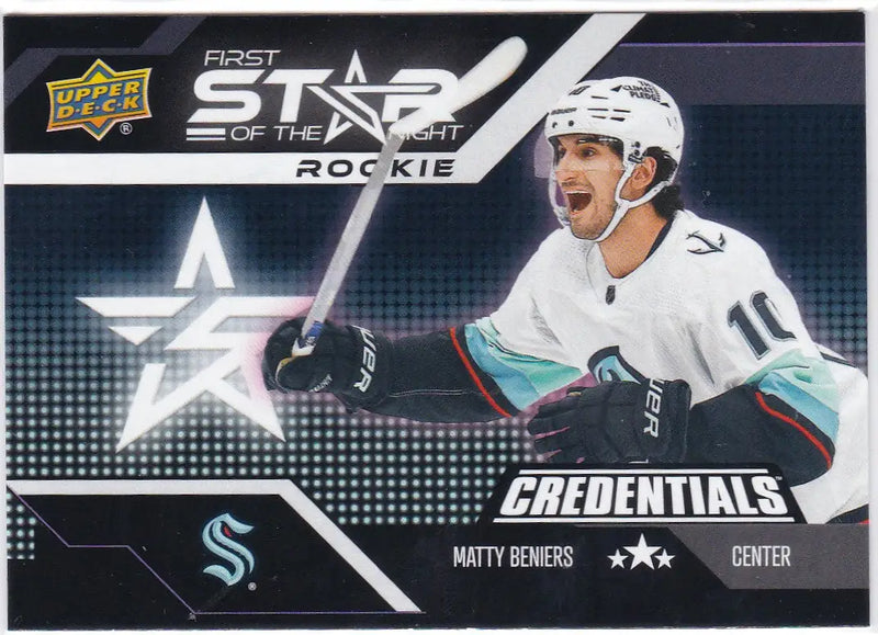 Hockey trading card of Matty Beniers from the Seattle Kraken in Upper Deck Credentials 1st Star