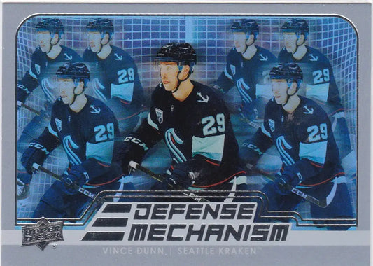 Hockey card of Vince Dunn featuring Defense Mechanism Seattle Kraken design