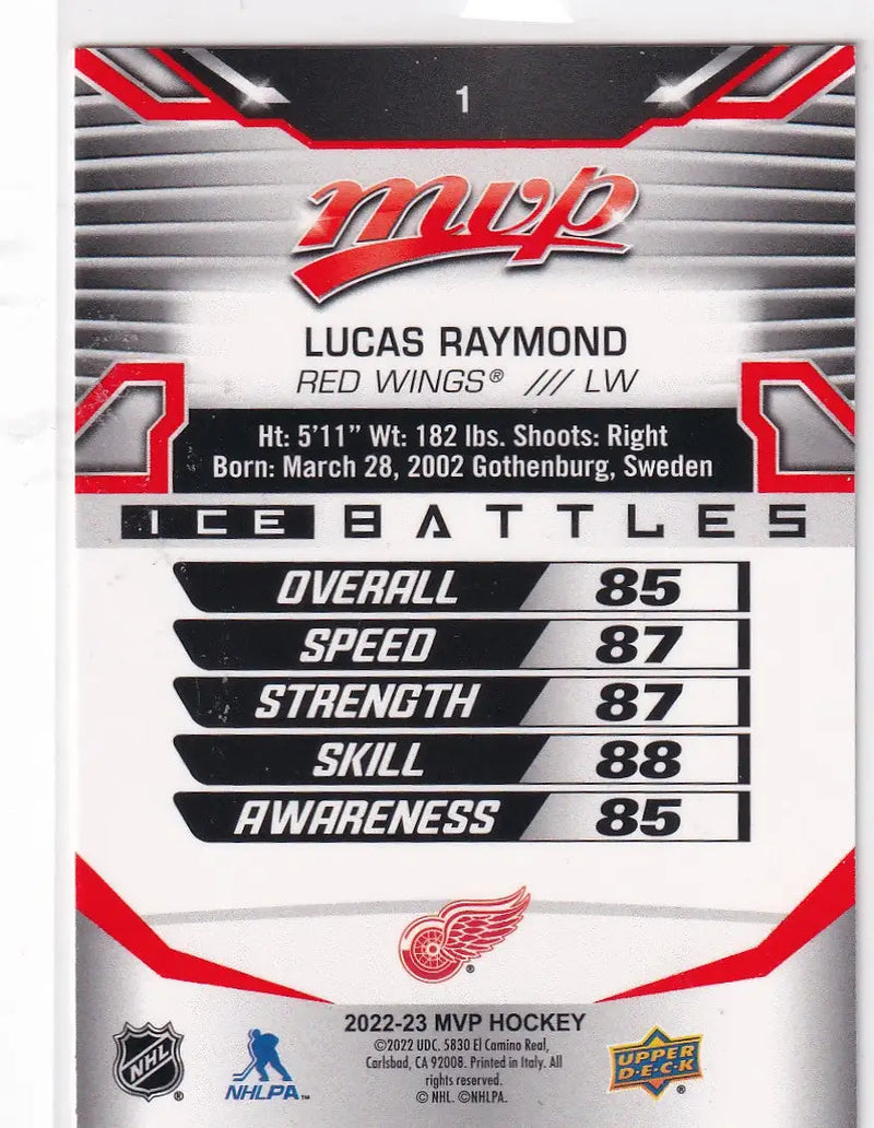 2022-23 UPPER DECK MVP #1 LUCAS RAYMOND- RED WINGS - Hockey Card Single