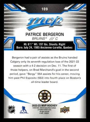 2022-23 Upper Deck MVP #109 Patrice Bergeron Blue Script - Hockey Card Single