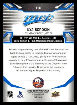 2022-23 Upper Deck MVP #118 Ilya Sorokin Blue Script - Hockey Card Single
