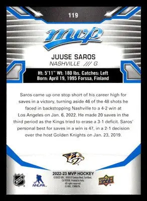 2022-23 Upper Deck MVP #119 Juuse Saros Blue Script - Hockey Card Single