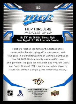 2022-23 Upper Deck MVP #183 Filip Forsberg Blue Script - Hockey Card Single