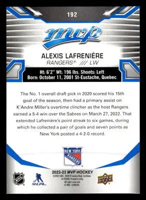 2022-23 Upper Deck MVP #192 Alexis Lafreniere Blue Script - Hockey Card Single