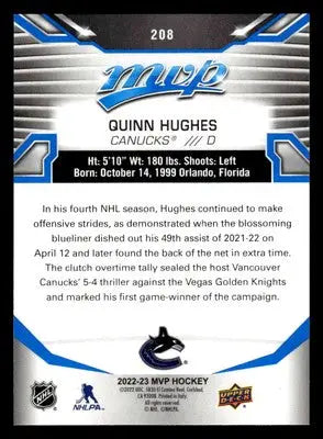 2022-23 Upper Deck MVP #208 Quinn Hughes Blue Script - Hockey Card Single