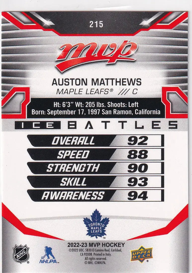 2022-23 UPPER DECK MVP #215 AUSTON MATTEWS- MAPLE LEAFS - Hockey Card Single