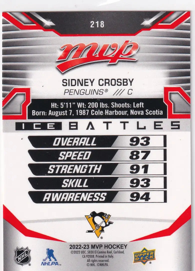 2022-23 UPPER DECK MVP #218 SIDNEY CROSBY- PENGUINS - Hockey Card Single