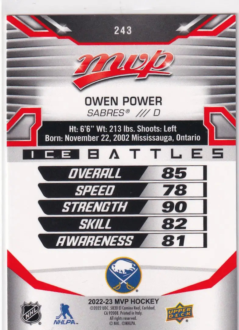 2022-23 UPPER DECK MVP #243 OWEN POWER- SABRES - Hockey Card Single