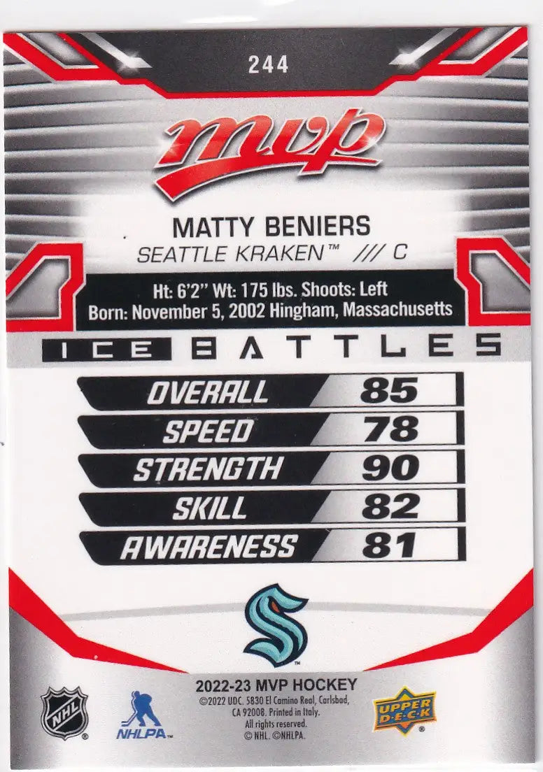 2022-23 UPPER DECK MVP #244 MATTY BENIERS- SEATTLE KRAKEN - Hockey Card Single