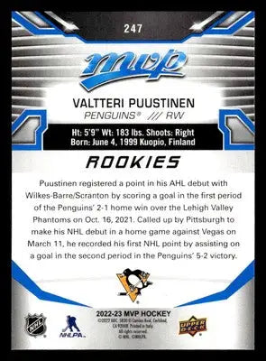 2022-23 Upper Deck MVP #247 Valtteri Puustinen Blue Script - Hockey Card Single