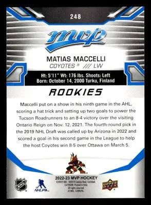 2022-23 Upper Deck MVP #248 Matias Maccelli Blue Script - Hockey Card Single