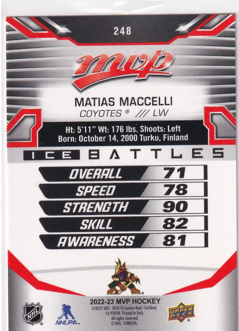 2022-23 UPPER DECK MVP #248 MATIAS MACCELLI- COYOTES - Hockey Card Single
