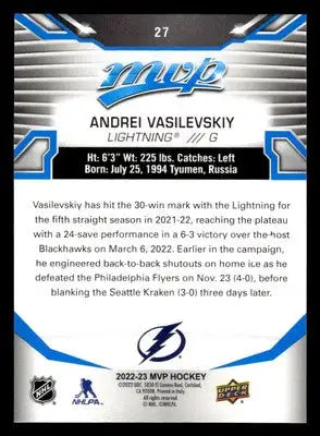 2022-23 Upper Deck MVP #27 Andrei Vasilevskiy Blue Script - Hockey Card Single