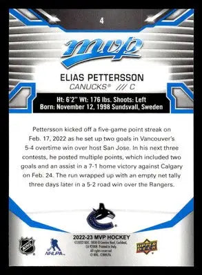 2022-23 Upper Deck MVP #4 Elias Pettersson Blue Script - Hockey Card Single