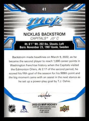 2022-23 Upper Deck MVP #41 Nicklas Backstrom Blue Script - Hockey Card Single
