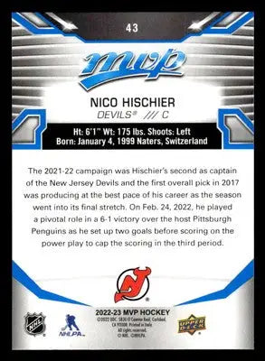 2022-23 Upper Deck MVP #43 Nico Hischier Blue Script - Hockey Card Single