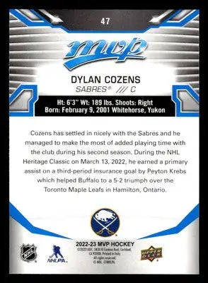 2022-23 Upper Deck MVP #47 Dylan Cozens Blue Script - Hockey Card Single