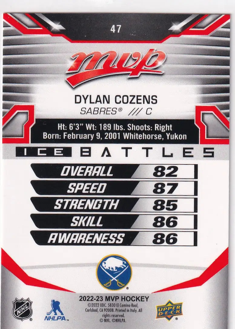2022-23 UPPER DECK MVP #47 DYLAN COZENS- SABRES - Hockey Card Single