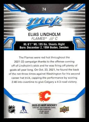 2022-23 Upper Deck MVP #74 Elias Lindholm Blue Script - Hockey Card Single