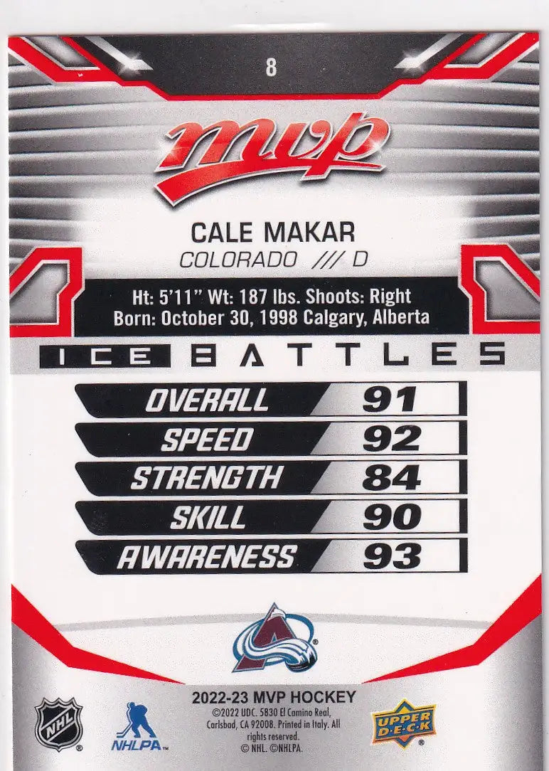 2022-23 UPPER DECK MVP #8 CALE MAKAR- COLORADO - Hockey Card Single