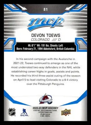 2022-23 Upper Deck MVP #81 Devon Toews Blue Script - Hockey Card Single