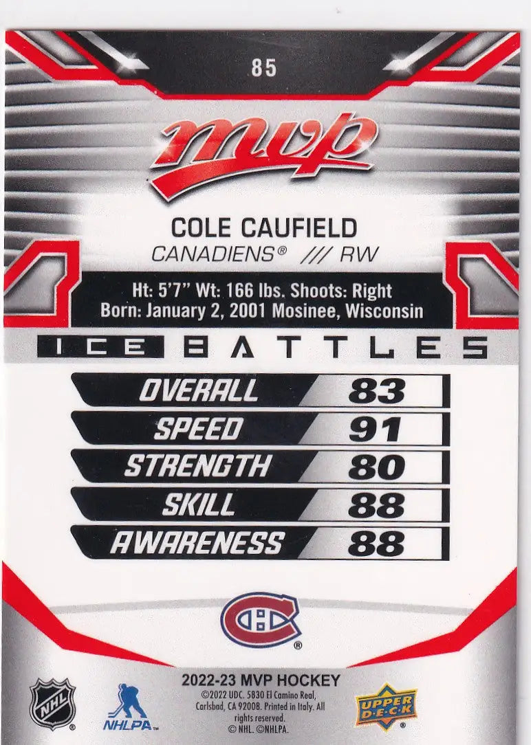 2022-23 UPPER DECK MVP #85 COLE CAUFILED- CANADIENS