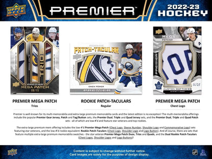 Promotional display for 2022-23 Upper Deck Premier Hockey trading cards featuring base set rookies and gold parallel memorabilia cards