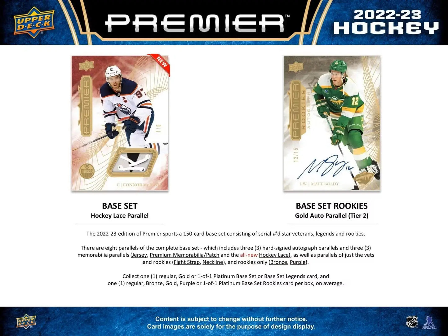 Promotional sheet for 2022-23 Upper Deck Premier Hockey base set and gold parallel cards