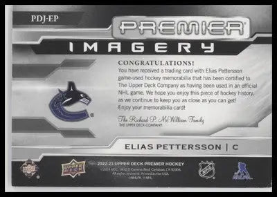 2022-23 Upper Deck Premier #PDJ-EP Elias Pettersson Premier Dynamic Jersey #/300