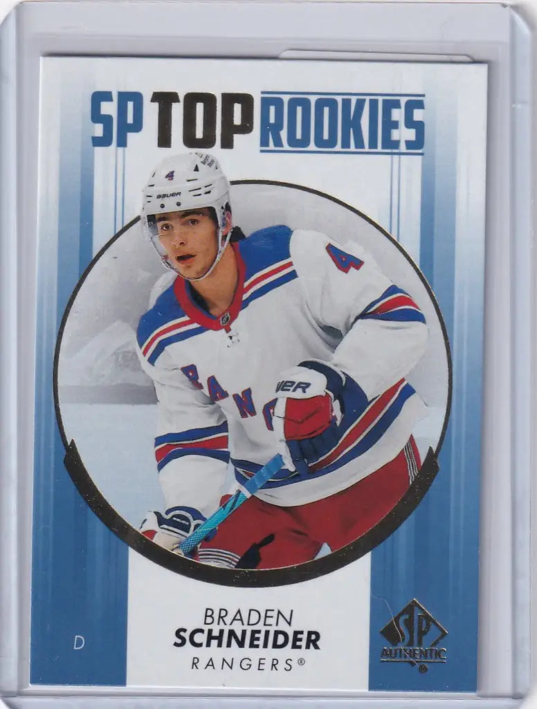 Hockey trading card of Braden Schneider, New York Rangers, Upper Deck SP Authentic Blue