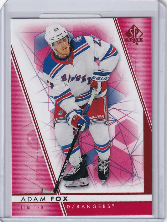 Hockey trading card of Adam Fox, New York Rangers, 2022-23 Upper Deck SP Authentic Red