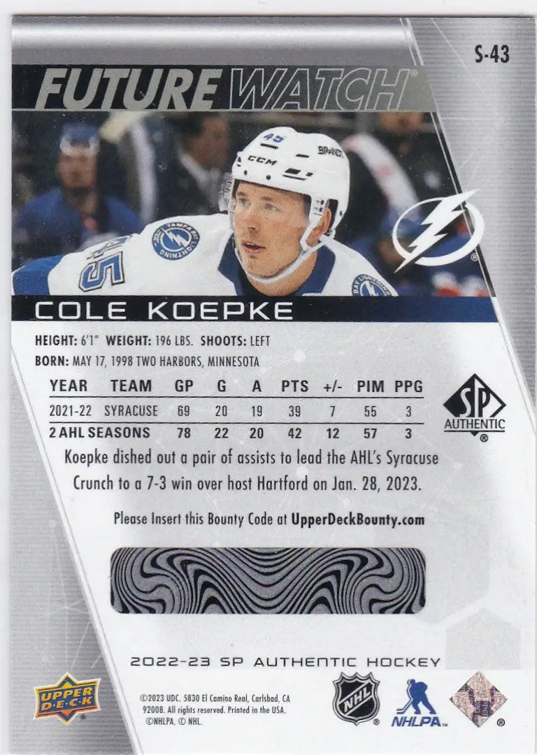 Hockey trading card of Cole Koepke from Upper Deck SP Authentic 2022-23 series