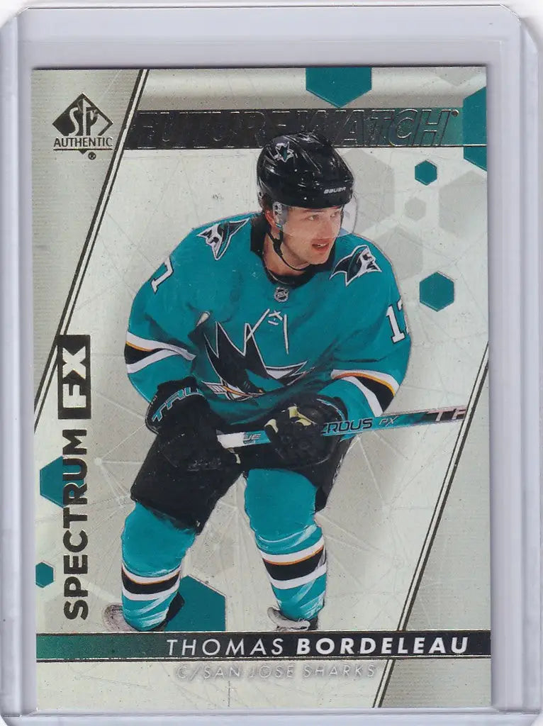 Hockey trading card of Thomas Bordeleau in teal jersey 71 for San Jose Sharks Upper Deck Authentic Spectrum