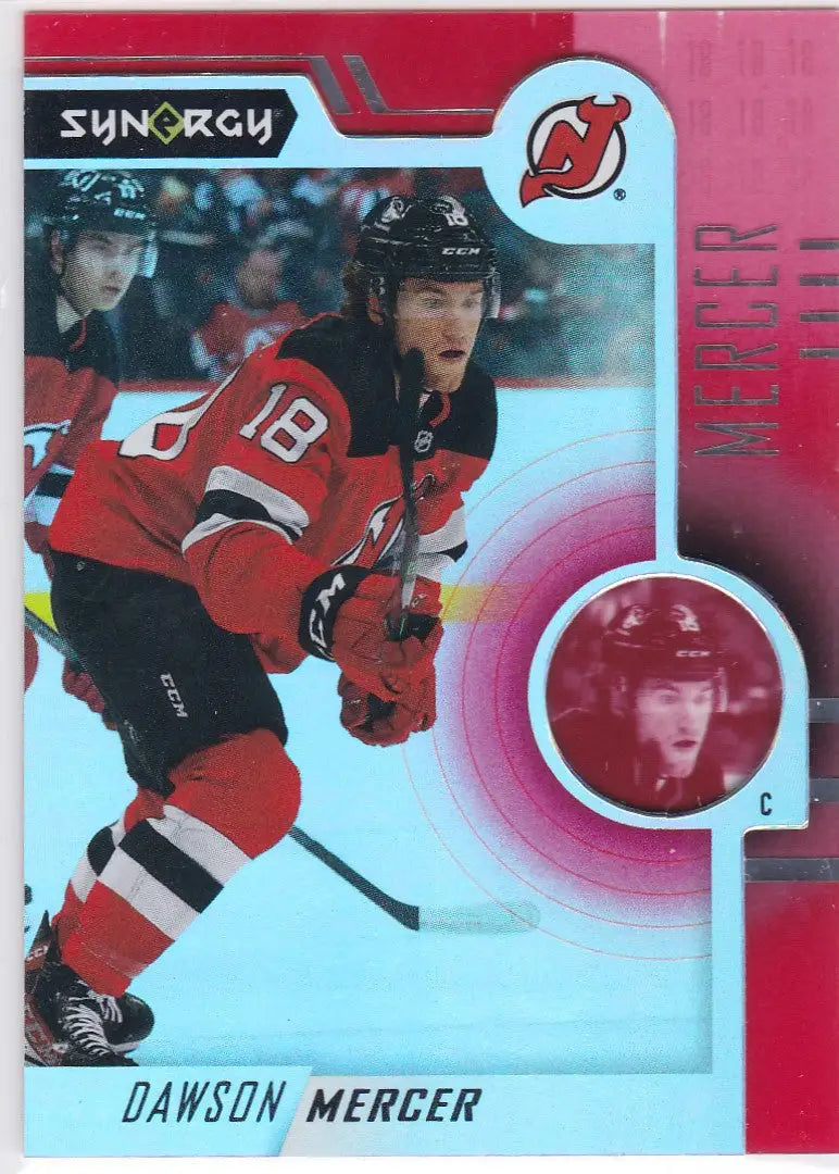 Hockey trading card of Dawson Mercer in red jersey, 2022-23 Upper Deck Synergy