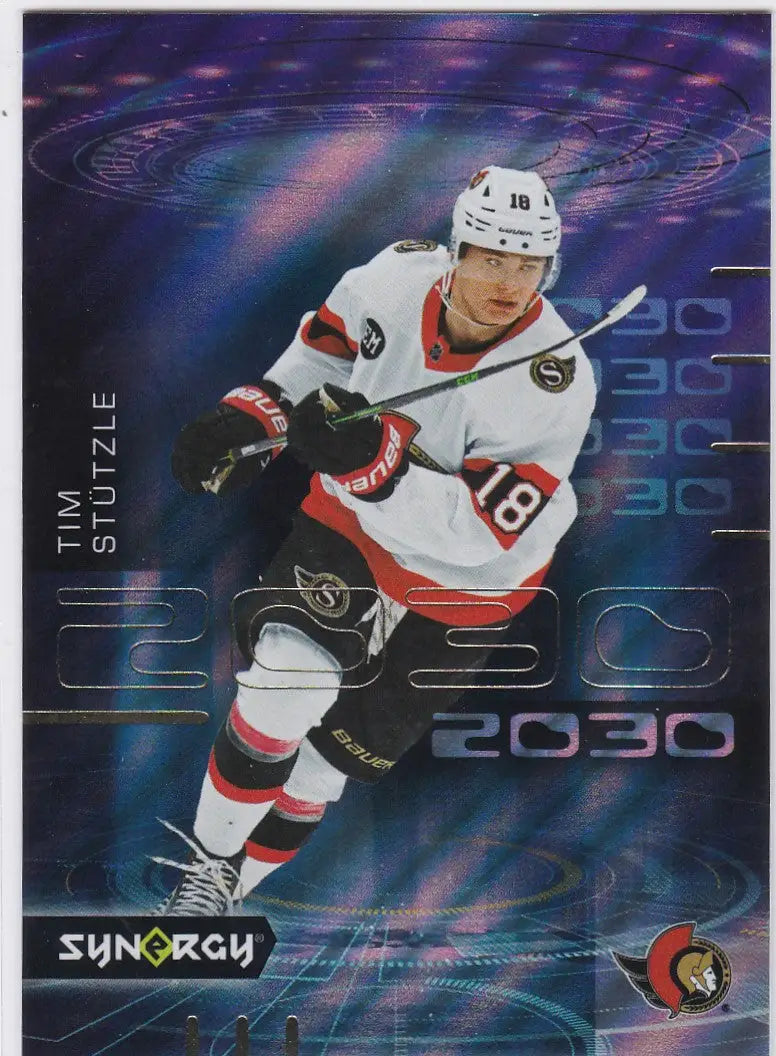 Hockey player in white jersey 18 skating on ice from Upper Deck Synergy Insert Ottawa Senators