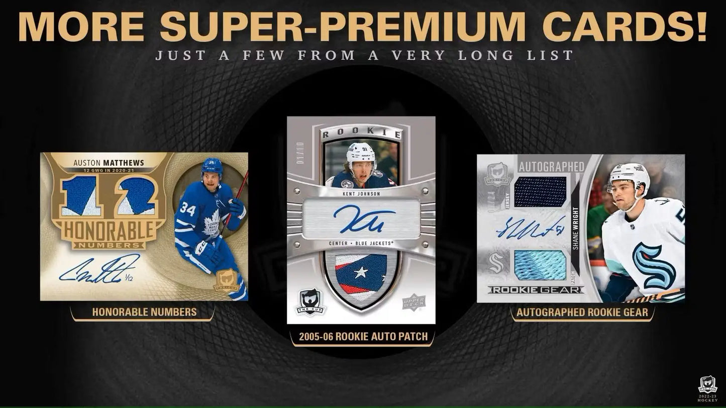 Three rare hockey trading cards including rookie auto and auto patch from 2022-23 Upper Deck The Cup Hockey Hobby Box
