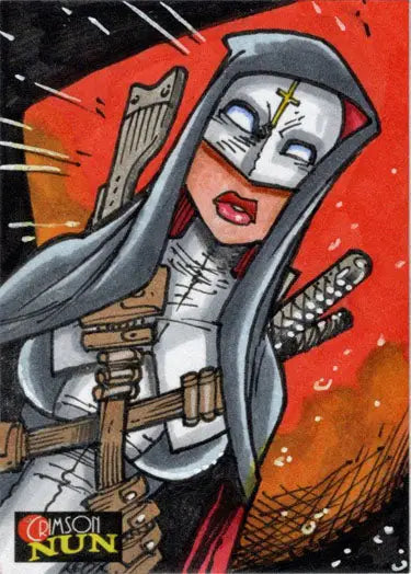 Stylized nun illustration with weapons on 2022 5finity Ben Dunn’s Crimson Nun Sketch Card
