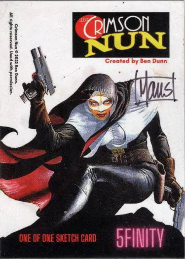 Stylized nun with gun on 2022 5finity Ben Dunn sketch card trading card
