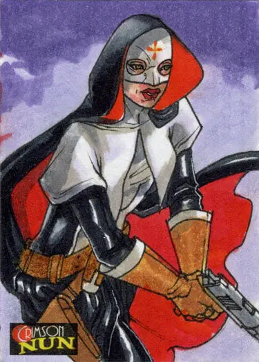 Masked superhero in red and white costume on 2022 5finity Leon Braojos sketch card