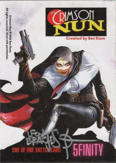 Stylized sketch card of nun-like character with gun and knife by Leon Braojos