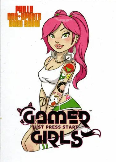 Stylized cartoon of a pink-haired woman in a tank top for Gamer Girls promo card