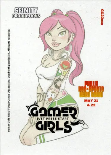 Cartoon illustration of pink-haired woman with tattoos promoting Gamer Girls promo card
