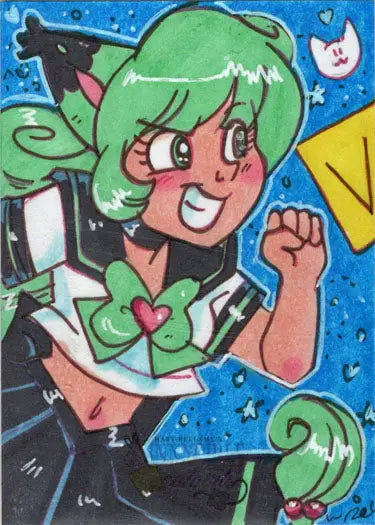 Anime character with green hair in sailor outfit on Mary Bellamy sketch card