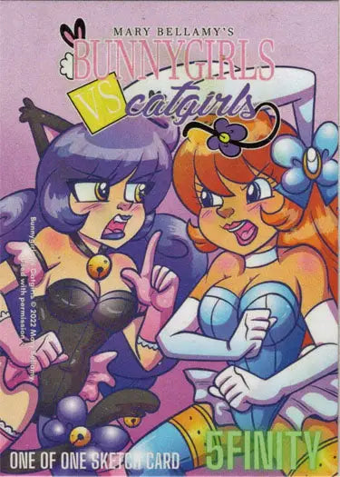 Colorful sketch card of Mary Bellamy’s Bunnygirls vs Catgirls trading card artwork